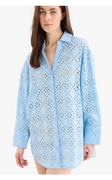 Regular Fit Pamuklu Brode Plaj Gömleği-Fall in Love C0506AX25SMBE93