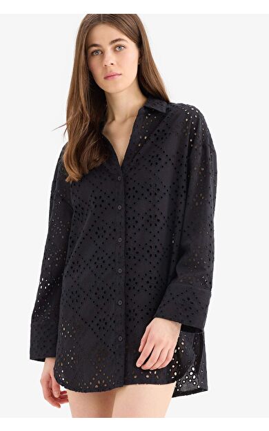 Regular Fit Pamuklu Brode Plaj Gömleği-Fall in Love C0506AX25SMBK27