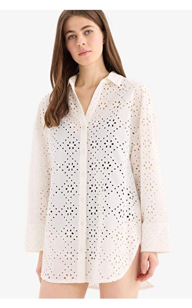 Regular Fit Pamuklu Brode Plaj Gömleği-Fall in Love C0506AX25SMWT16