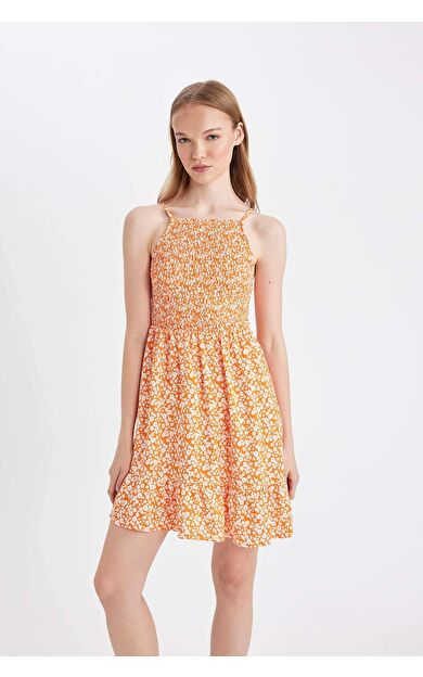 Coool Halter Yaka Çiçekli Maroken Askılı Mini Elbise