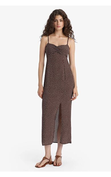 DeFacto Bodycon Vücudu Saran Kalp Yaka Floral Maroken Askılı Midi Elbise