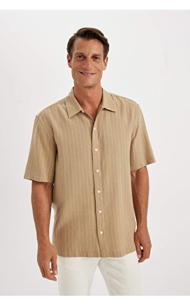 DeFactoFit Relax Fit Polo Yaka Çizgili Keten Kısa Kollu Gömlek C1111AX24SMBG674
