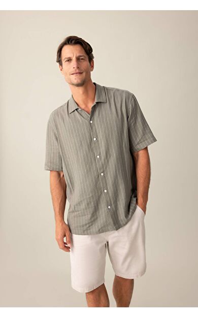 DeFactoFit Relax Fit Polo Yaka Çizgili Keten Kısa Kollu Gömlek C1111AX24SMKH82