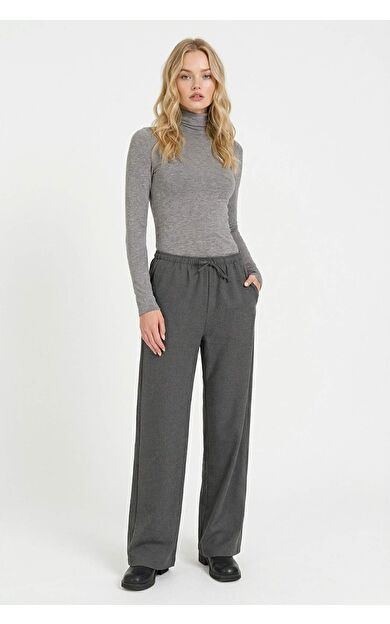 Wide Leg Geniş Bol Paça Beli Lastikli Bağcıklı Cepli Kumaş Palazzo Pantolon