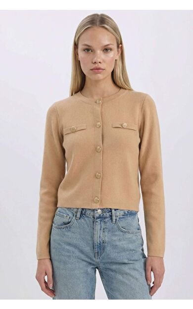 Regular Fit Bisiklet Yaka Basic Düz Altın Metal Düğme Kapamalı Triko Hırka