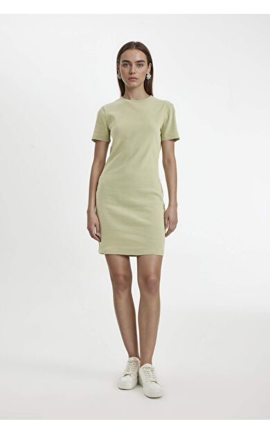 Bodycon Bisiklet Yaka Fitilli Kaşkorse Kısa Kollu Mini Elbise