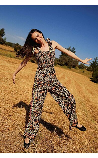 Lug Von Siga x DeFacto Straplez Desenli Bağlanabilir Askılı Poplin Uzun Tulum