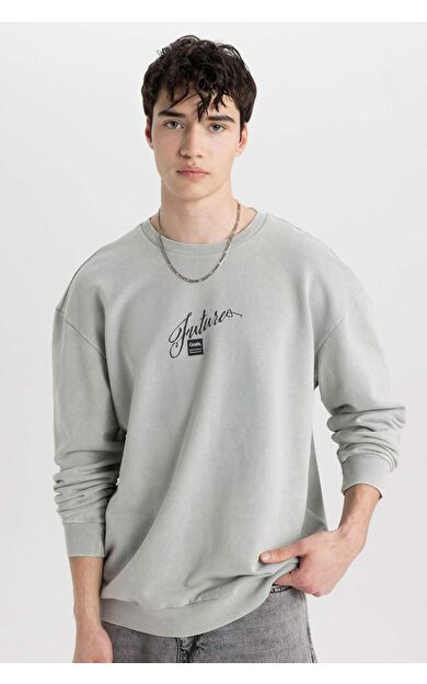 DeFacto Comfort Fit Bisiklet Yaka Slogan Baskılı Sweatshirt