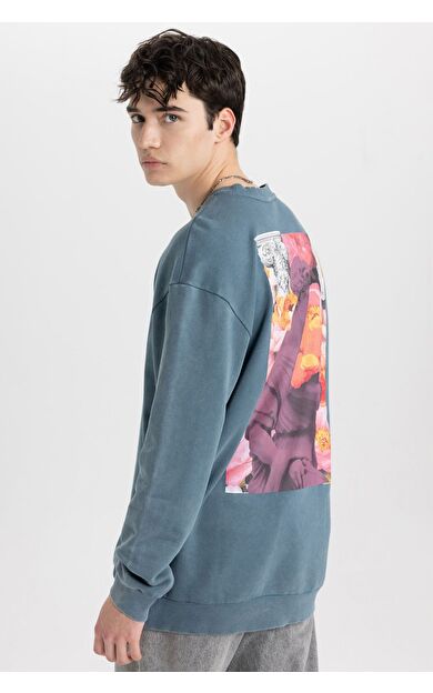 DeFacto Comfort Fit Bisiklet Yaka Floral Baskılı Yıkamalı Sweatshirt