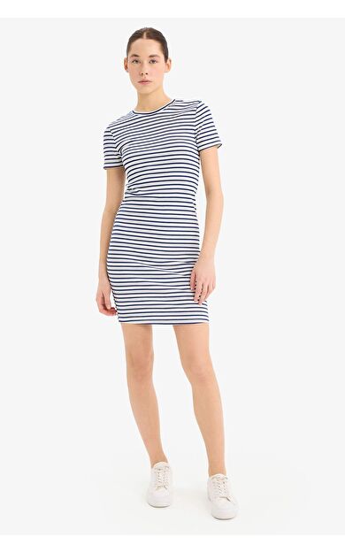 Coool Bodycon Vücudu Saran Bisiklet Yaka Çizgili Fitilli Kaşkorse Kısa Kollu Mini Elbise