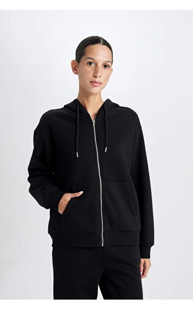 DeFacto Relax Fit Kapüşonlu Kalın Fermuarlı Sweatshirt Hırka
