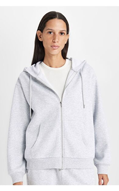 DeFacto Relax Fit Kapüşonlu Kalın Fermuarlı Sweatshirt Hırka
