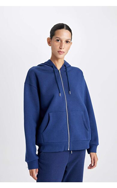 DeFacto Relax Fit Kapüşonlu Kalın Fermuarlı Sweatshirt Hırka