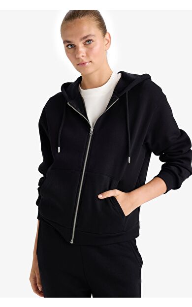 DeFacto Relax Fit Kapüşonlu Basic Düz Kalın Sweatshirt Kumaşı Hırka