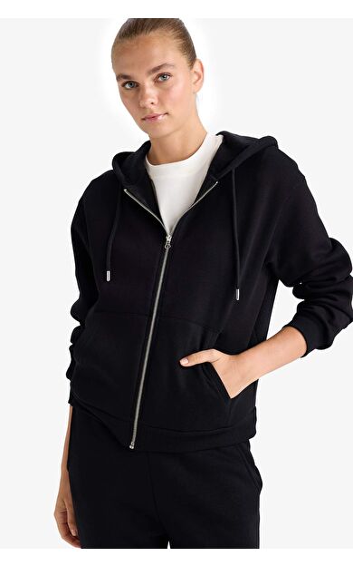 Relax Fit Kapüşonlu Basic Düz Kalın Sweatshirt Kumaşı Hırka