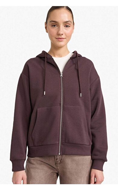 Relax Fit Kapüşonlu Basic Düz Kalın Sweatshirt Kumaşı Hırka