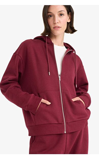 DeFacto Relax Fit Kapüşonlu Basic Düz Kalın Fermuarlı Sweatshirt C1809AX25AUBR115