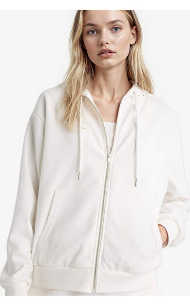 Relax Fit Kapüşonlu Basic Düz Kalın Fermuarlı Sweatshirt