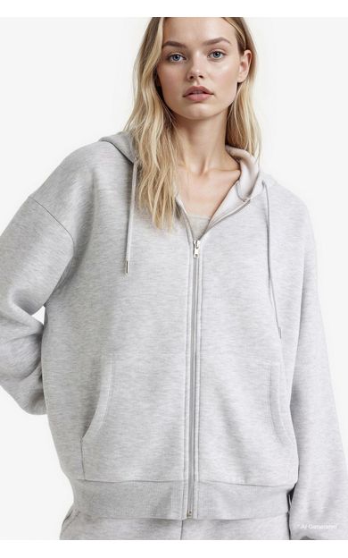 DeFacto Relax Fit Kapüşonlu Basic Düz Kalın Sweatshirt Kumaşı Hırka Gri