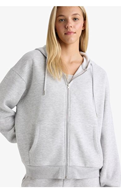 DeFacto Relax Fit Kapüşonlu Cepli Basic Düz Fermuarlı Sweatshirt C1809AX25SPGR93
