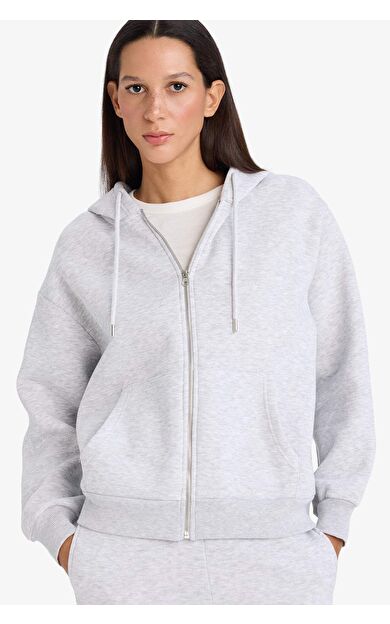 Relax Fit Kapüşonlu Basic Düz Kalın Fermuarlı Sweatshirt