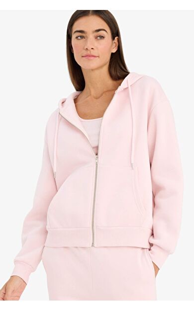 Relax Fit Kapüşonlu Basic Düz Kalın Fermuarlı Sweatshirt