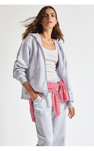 DeFacto Relax Fit Kapüşonlu Cepli Basıc Fermuarlı Sweatshirt Gri