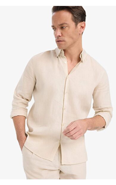 DeFacto %100 Keten Regular Fit Polo Yaka Yazlık Basic Düz Uzun Kollu Gömlek C1825AX25SMBG106