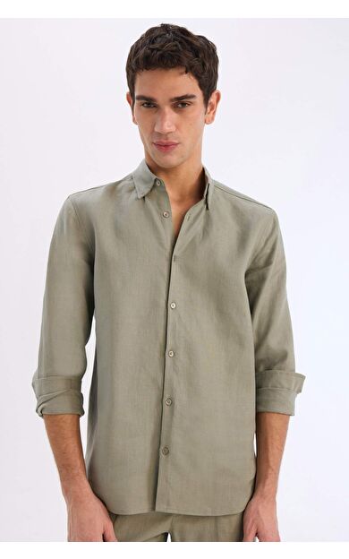 DeFacto %100 Keten Regular Fit Polo Yaka Yazlık Basic Düz Uzun Kollu Gömlek C1825AX25SMKH433