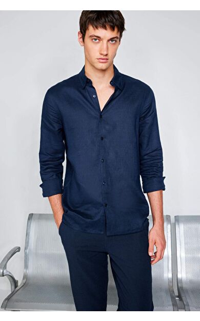 DeFacto %100 Keten Regular Fit Polo Yaka Yazlık Basic Düz Uzun Kollu Gömlek C1825AX25SMNV146