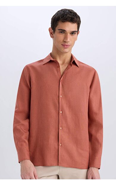 DeFacto %100 Keten Regular Fit Polo Yaka Yazlık Basic Düz Uzun Kollu Gömlek C1825AX25SMOG286