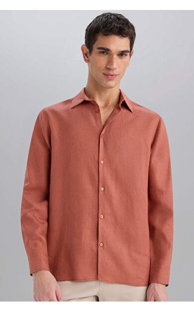 DeFacto %100 Keten Regular Fit Polo Yaka Yazlık Basic Düz Uzun Kollu Gömlek C1825AX25SMOG286