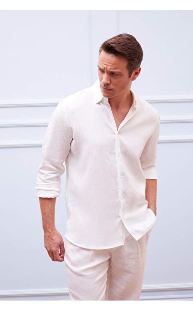 DeFacto %100 Keten Regular Fit Polo Yaka Yazlık Basic Düz Uzun Kollu Gömlek C1825AX25SMWT32