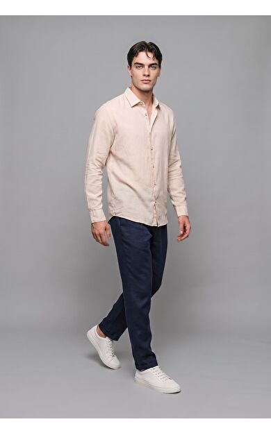 DeFacto %100 Keten Regular Fit Polo Yaka Basic Uzun Kollu Gömlek