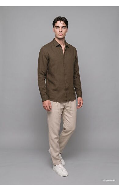 DeFacto %100 Keten Regular Fit Polo Yaka Basic Uzun Kollu Gömlek Haki