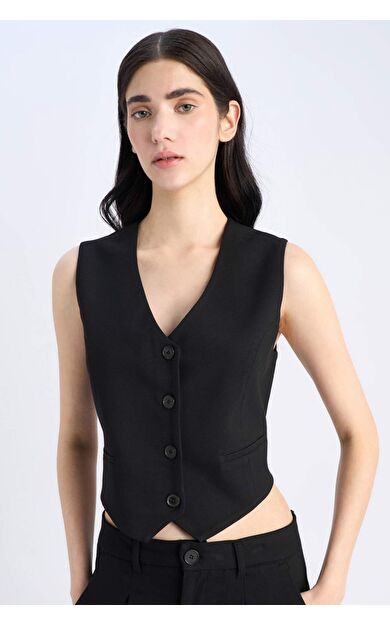 V Yaka Düğmeli Klasik Blazer Yelek