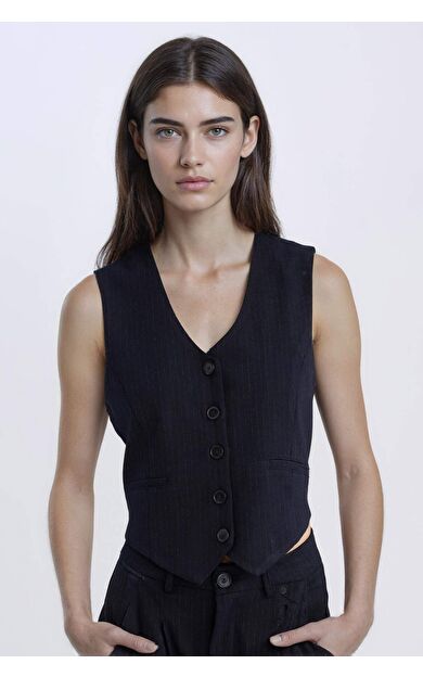 V Yaka Çizgili Blazer Yelek