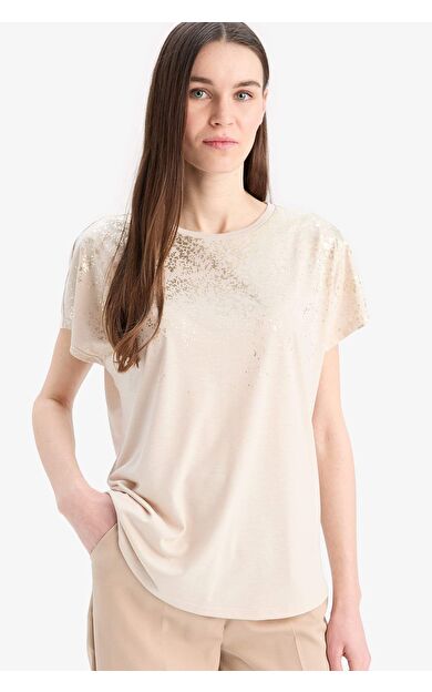 DeFacto Bisiklet Yaka Omuz Baskılı Baskılı Kısa Kollu Tişört