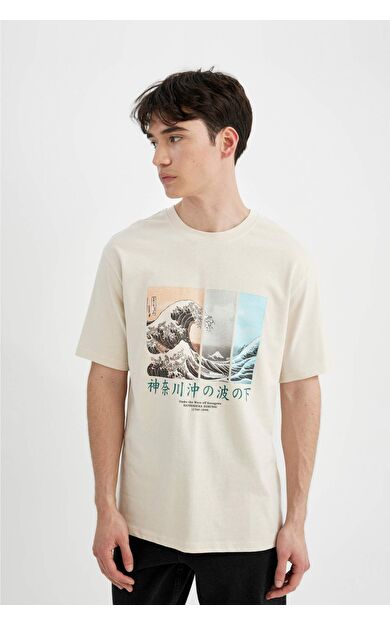 DeFactoFit Art Hokusai Regular Fit Bisiklet Yaka Baskılı Kısa Kollu Tişört
