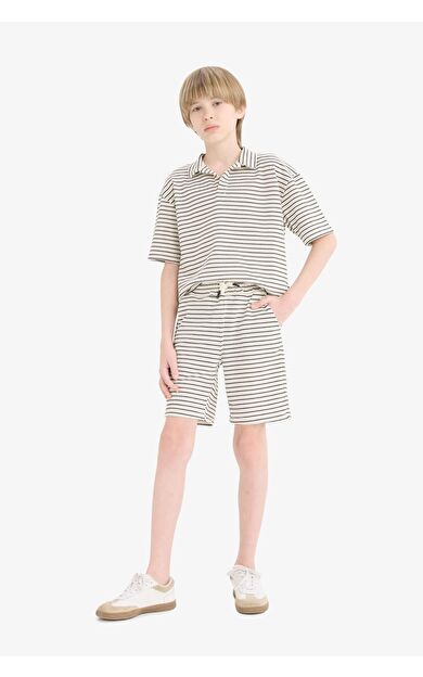 DeFacto Erkek Çocuk 2'li Takım Çizgili Kısa Kollu Polo Tişört Beli Lastikli Şort