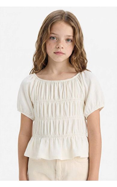 DeFacto Kız Çocuk Relax Fit Bisiklet Yaka Bürümcük Kısa Kollu Tişört