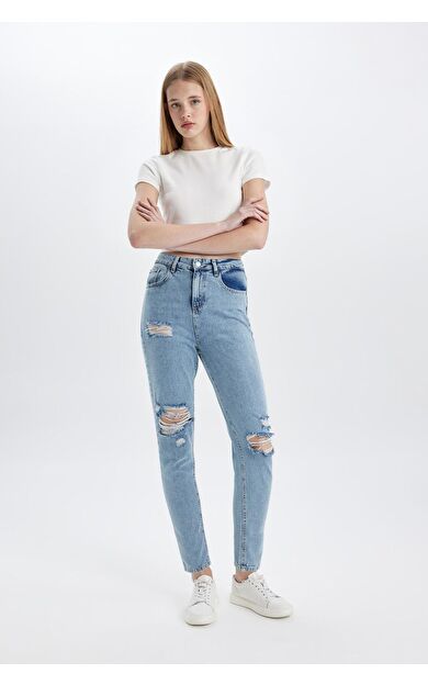 DeFacto DeFactoFit Lina Lina Mom Fit Yırtık Detaylı Yüksek Bel Bilek Boy Jean Yıkamalı Pantolon