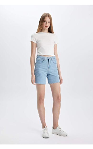 DeFactoFit Yüksek Bel Paça Ucu Kesik Jean Şort C2454AX24HSNM28