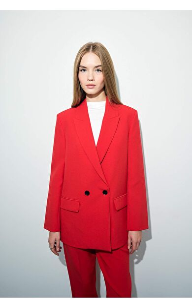 Oversize Geniş Kalıp Ceket Yaka Düğmeli Kırmızı Blazer Ceket