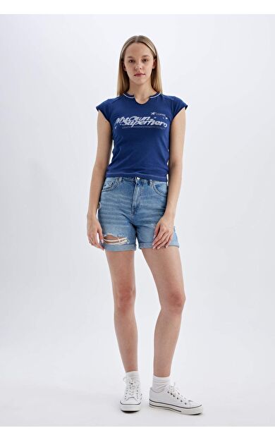 DeFacto Boyfriend Yüksek Bel Katlamalı Paça Jean Şort