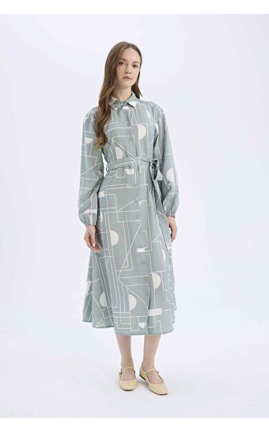 Gömlek Yaka Desenli Aerobin Uzun Kollu Kuşaklı Midi Elbise