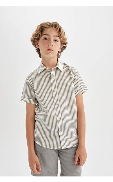 DeFactoFit Erkek Çocuk Regular Fit Polo Yaka Keten Karışımlı Kısa Kollu Gömlek