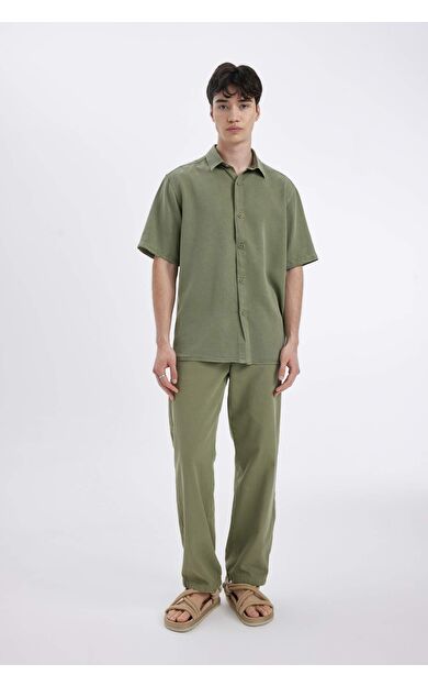 Straight Fit Esnek Bantlı Paça Keten Karışımlı Pantolon