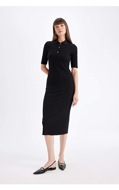 DeFacto Bodycon Polo Yaka Fitilli Kaşkorse Kısa Kollu Midi Elbise