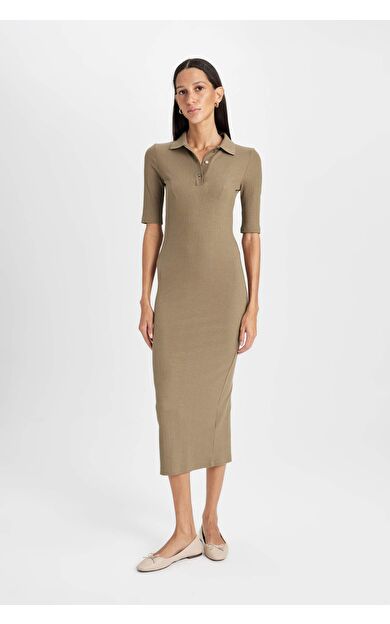 Bodycon Polo Yaka Fitilli Kaşkorse Yarım Kollu Midi Elbise